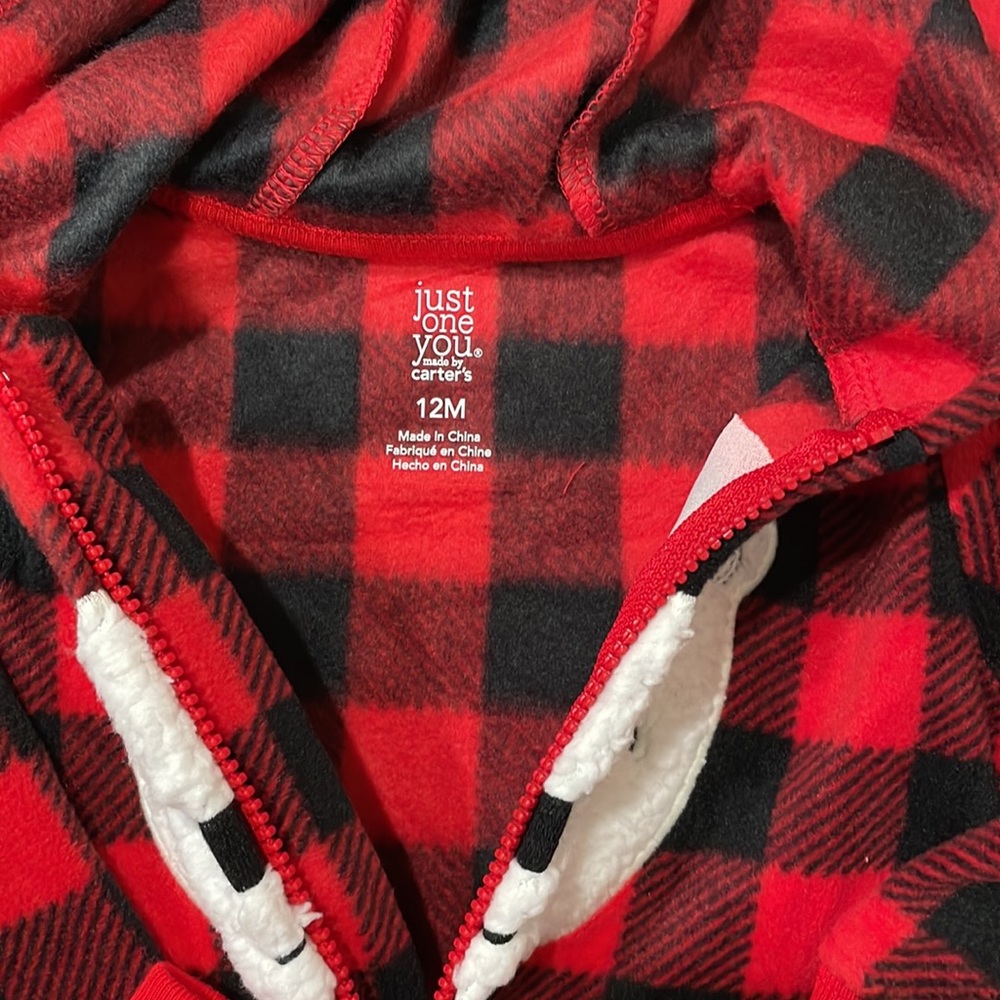 Fleece Buffalo Plaid Zip Up Hooded Romper - Picture 3 of 3